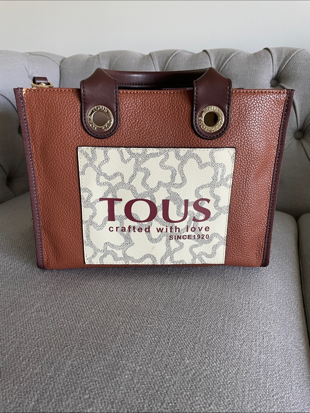 TOUS Brown and Cream Logo Leather Tote Bag